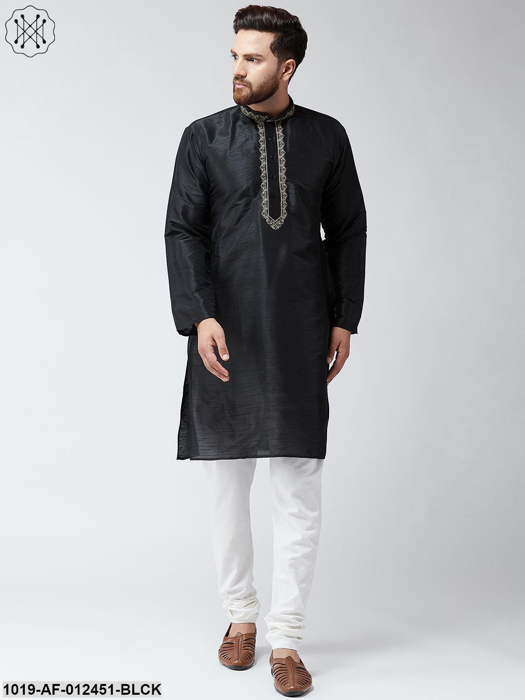 Men's Silk Black Kurta And Off White Pyjama Set