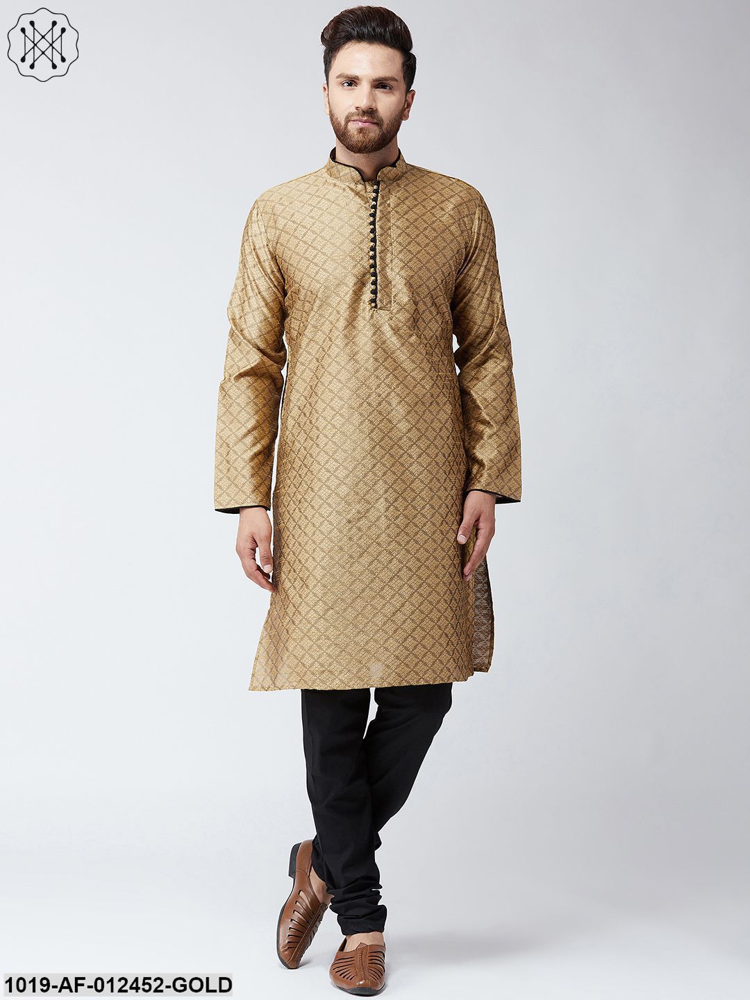 Men's Silk Gold Kurta And Black Pyjama Set