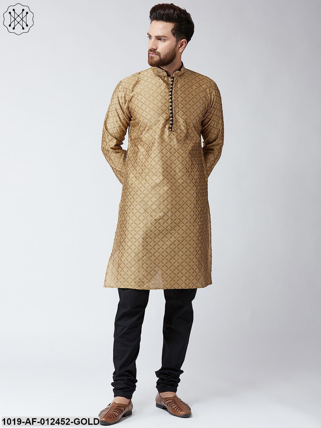 Men's Silk Gold Kurta And Black Pyjama Set