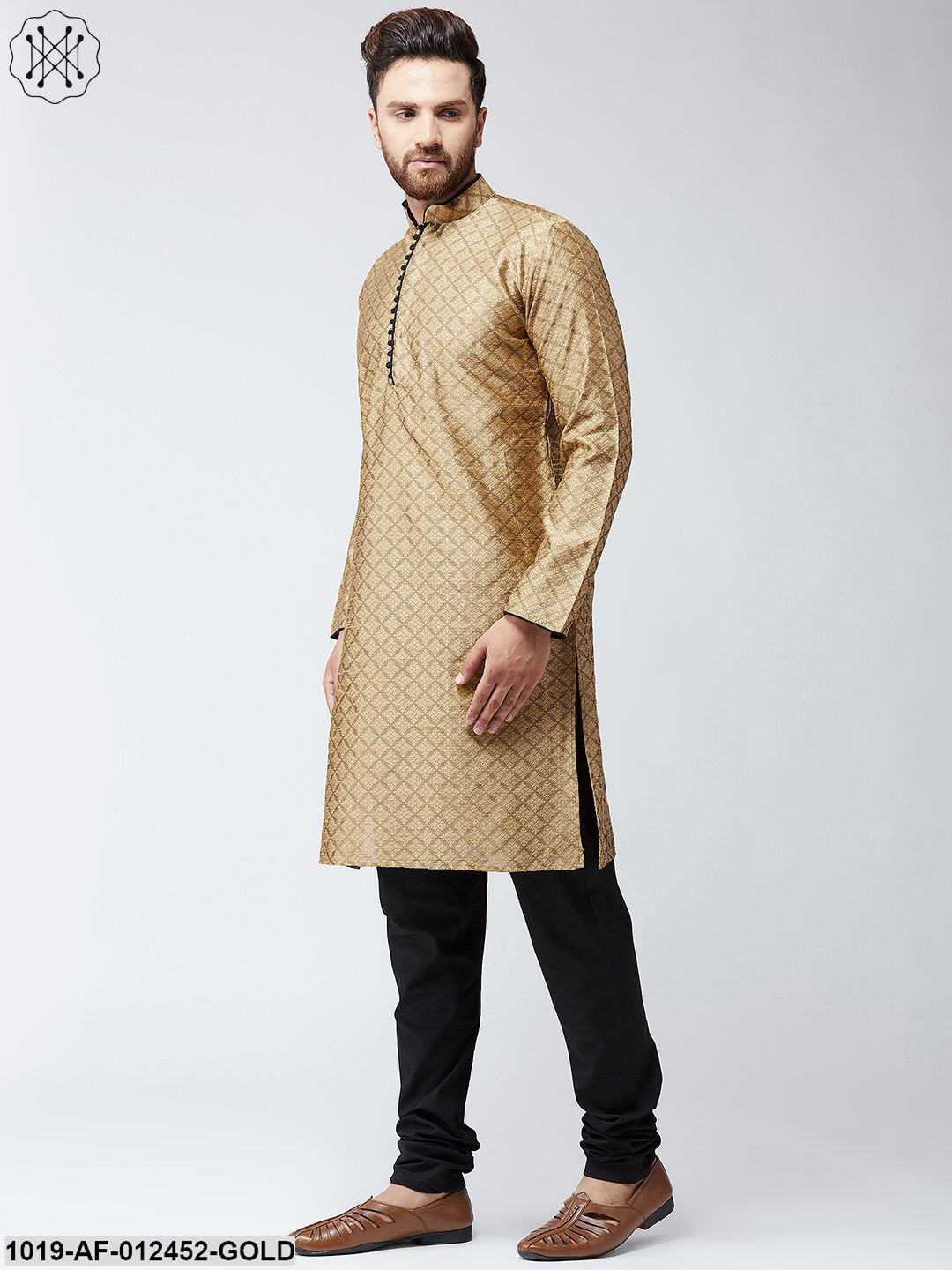Men's Silk Gold Kurta And Black Pyjama Set