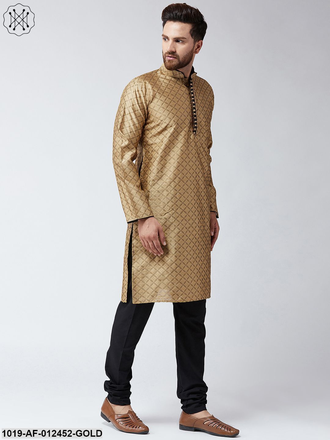 Men's Silk Gold Kurta And Black Pyjama Set