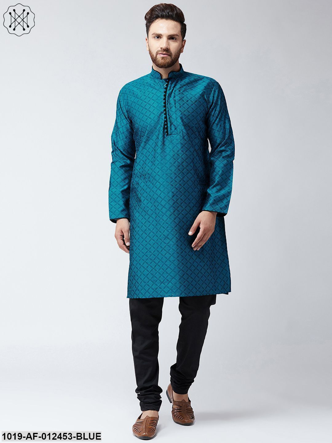 Men's Silk Blue Kurta And Black Pyjama Set