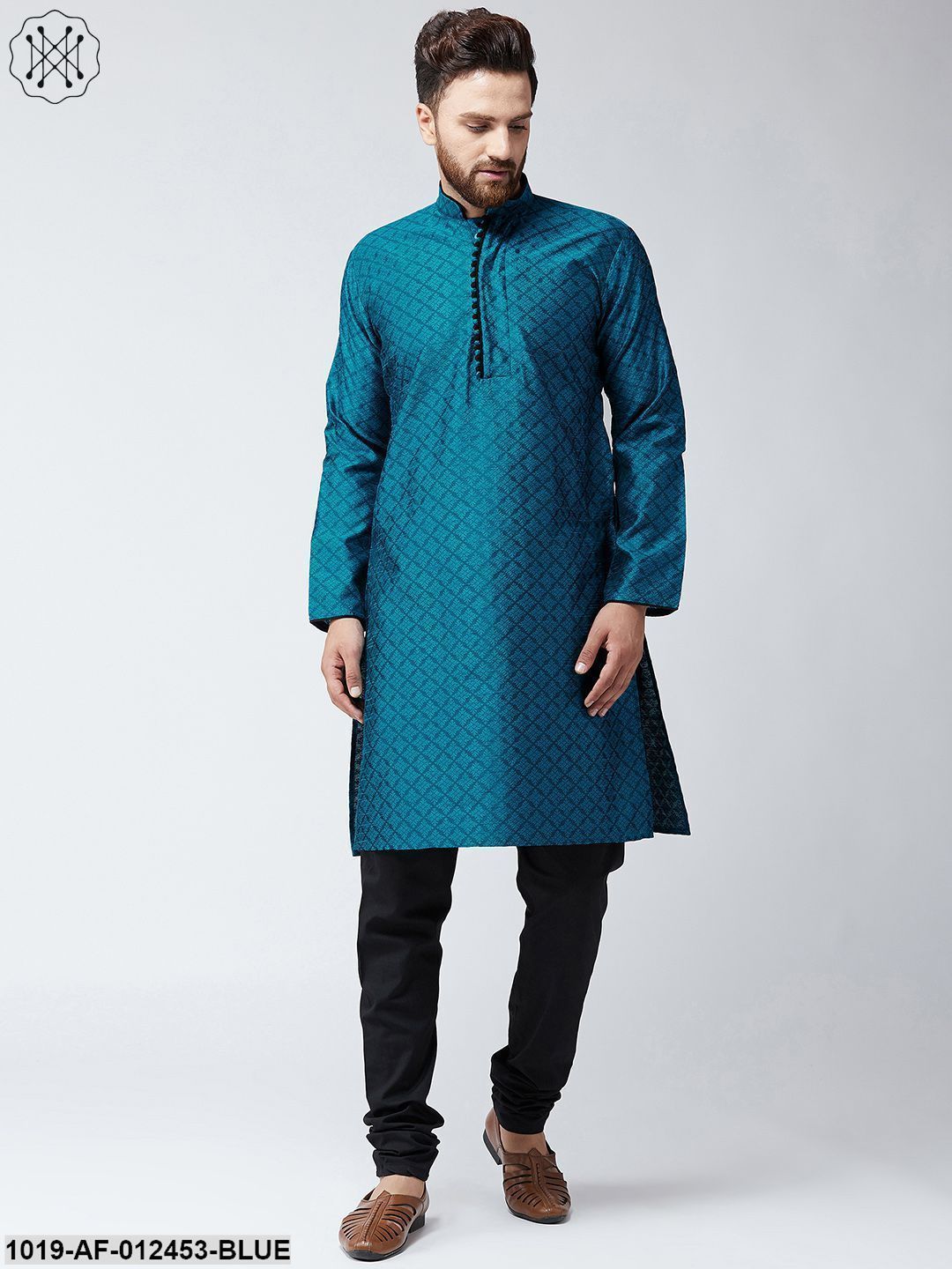 Men's Silk Blue Kurta And Black Pyjama Set