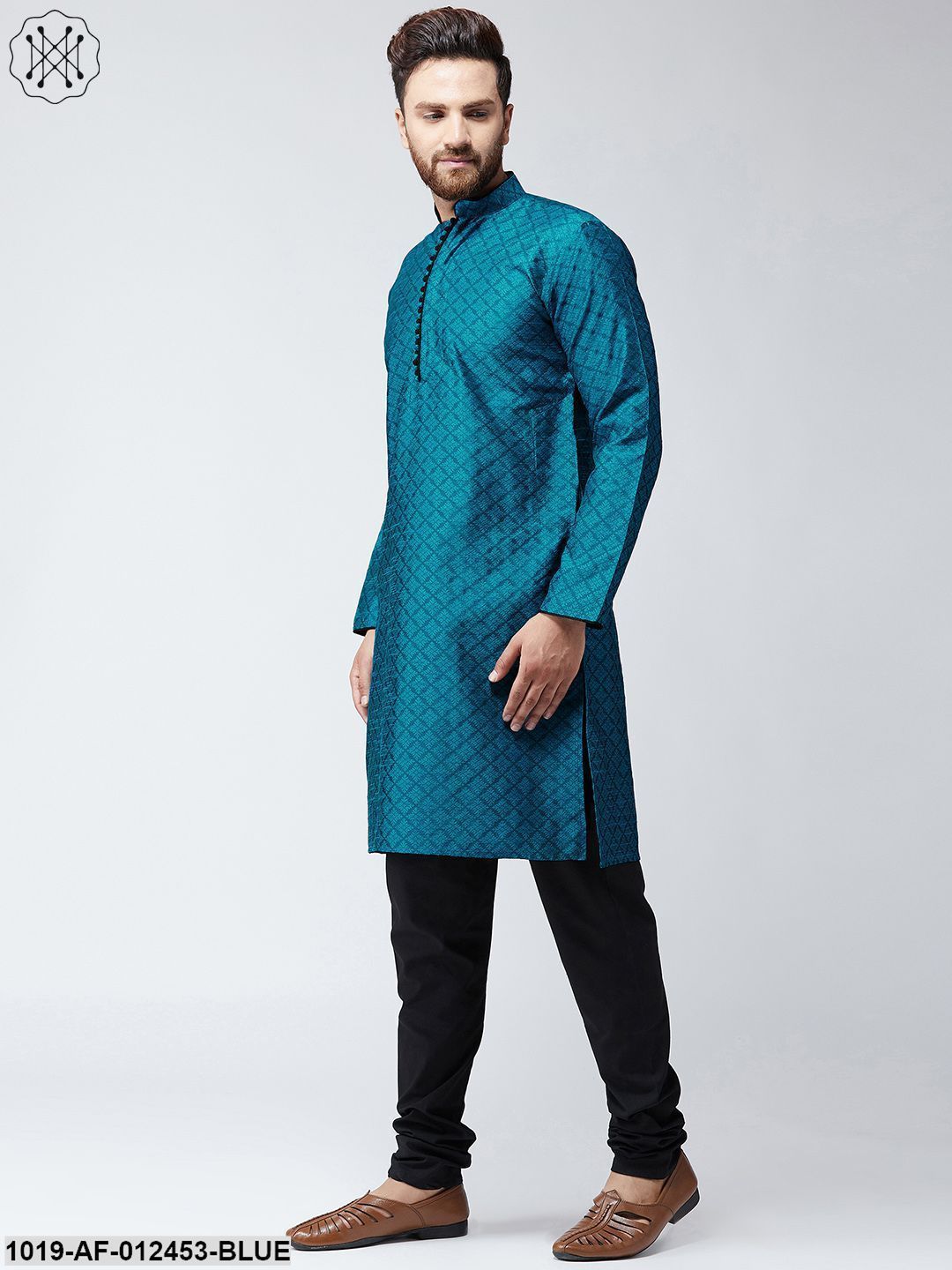 Men's Silk Blue Kurta And Black Pyjama Set