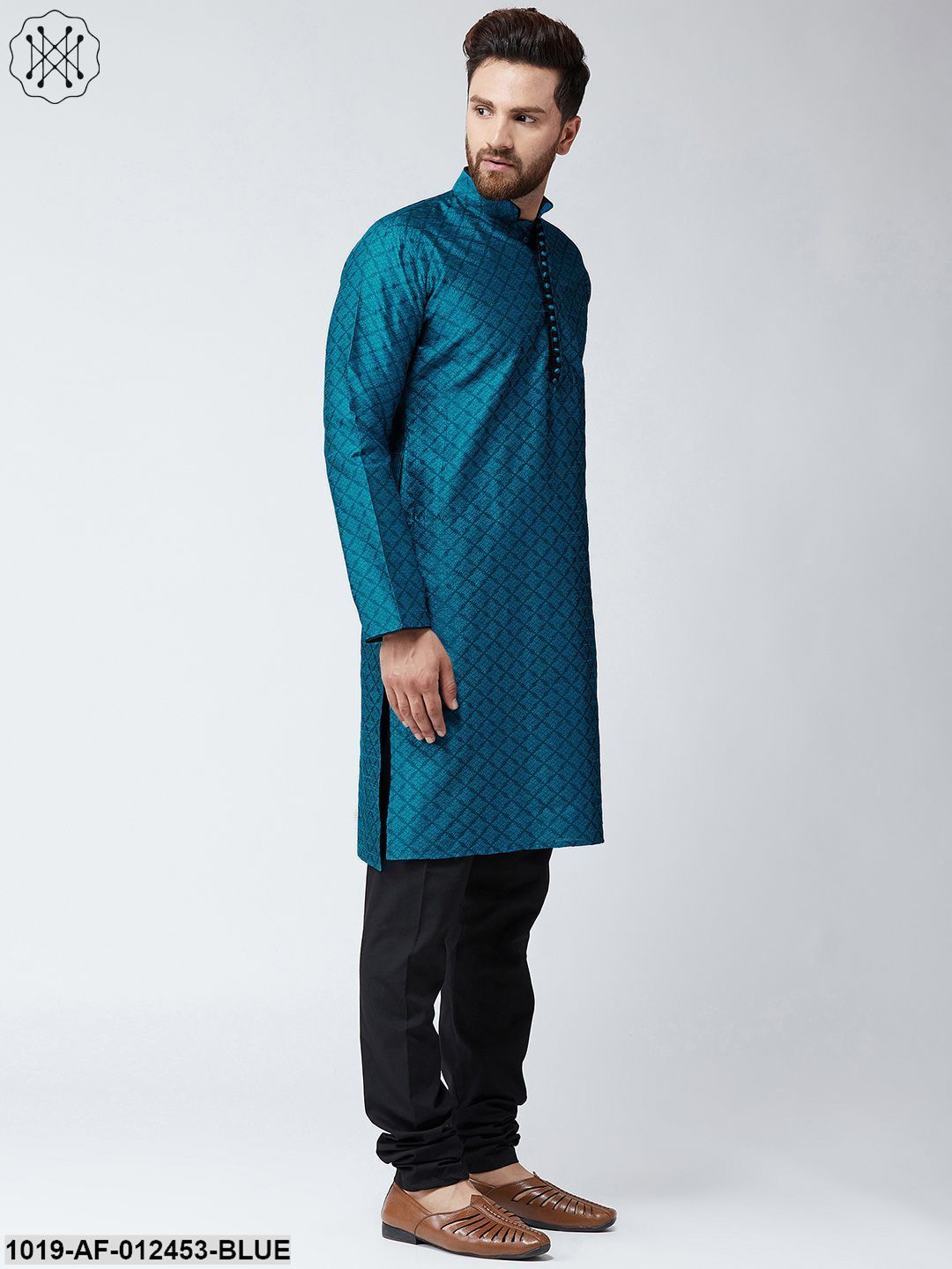 Men's Silk Blue Kurta And Black Pyjama Set