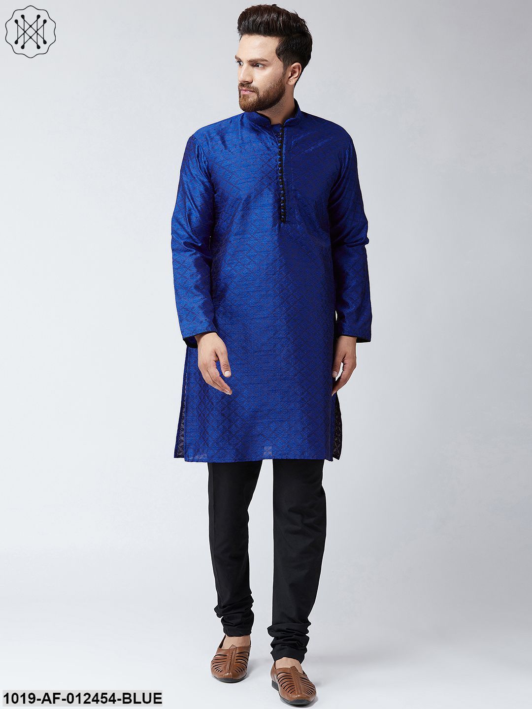 Men's Silk Navy Blue Kurta And Black Pyjama Set