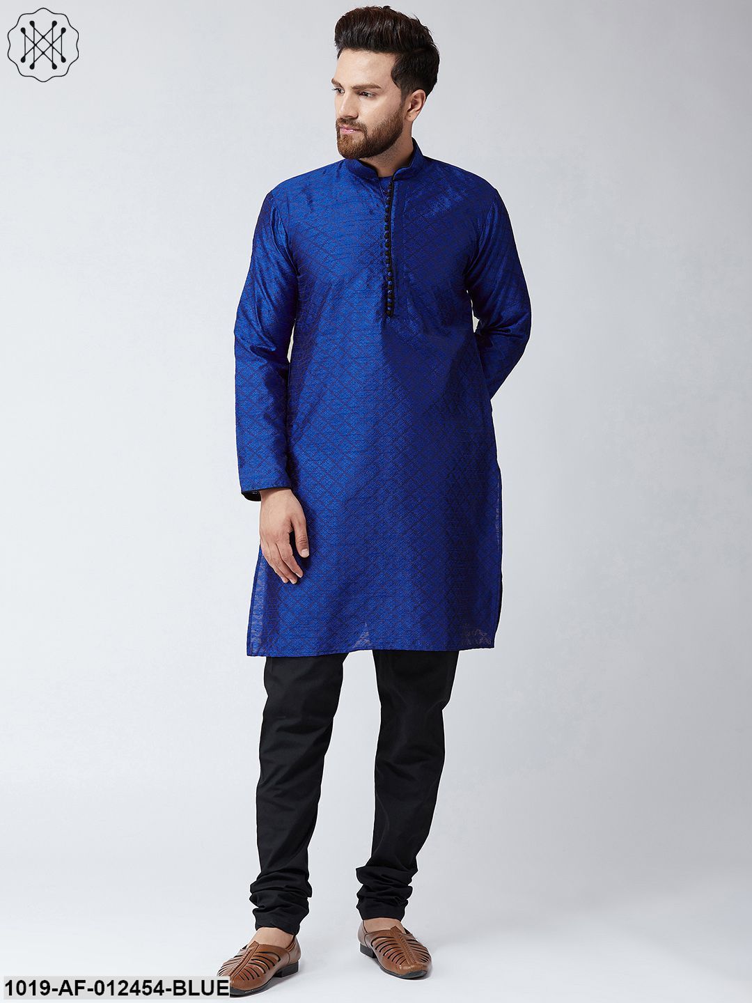 Men's Silk Navy Blue Kurta And Black Pyjama Set