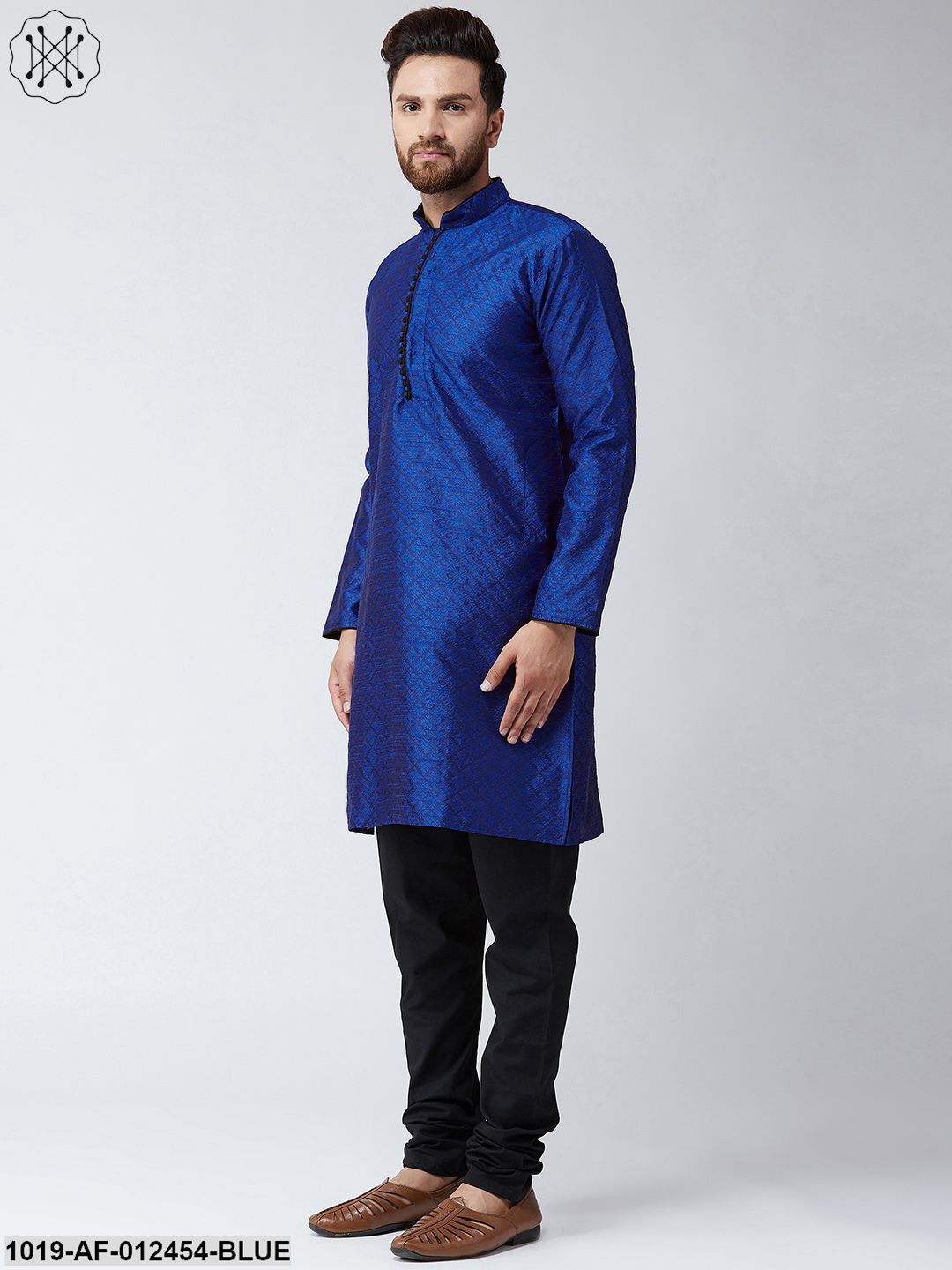 Men's Silk Navy Blue Kurta And Black Pyjama Set