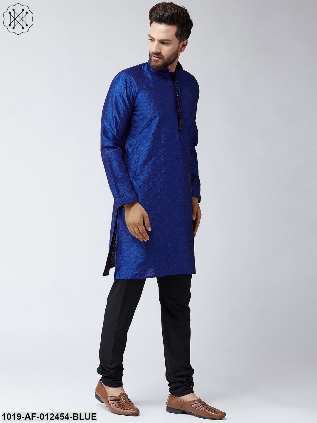 Men's Silk Navy Blue Kurta And Black Pyjama Set