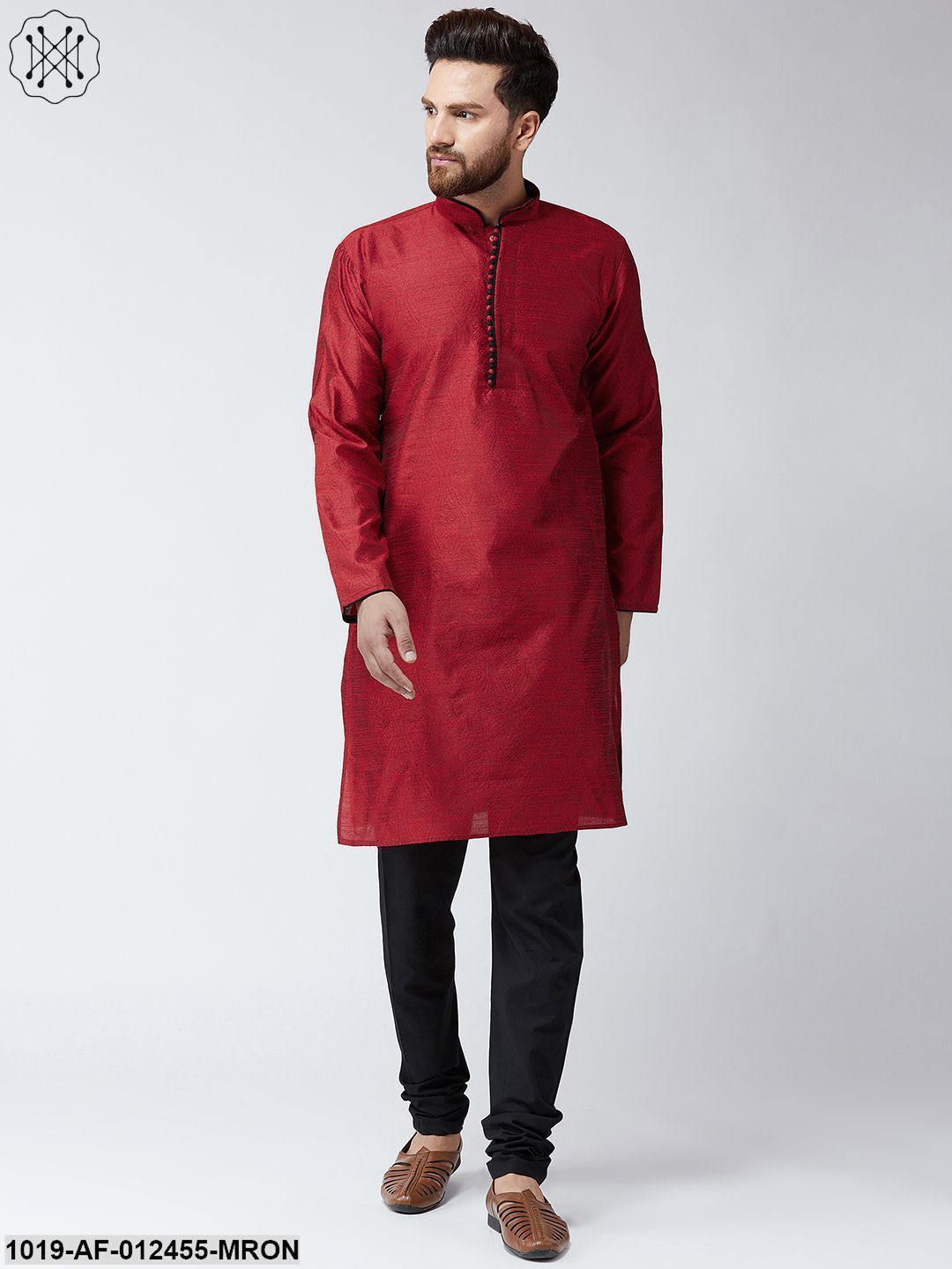 Men's Silk Maroon Kurta And Black Pyjama Set