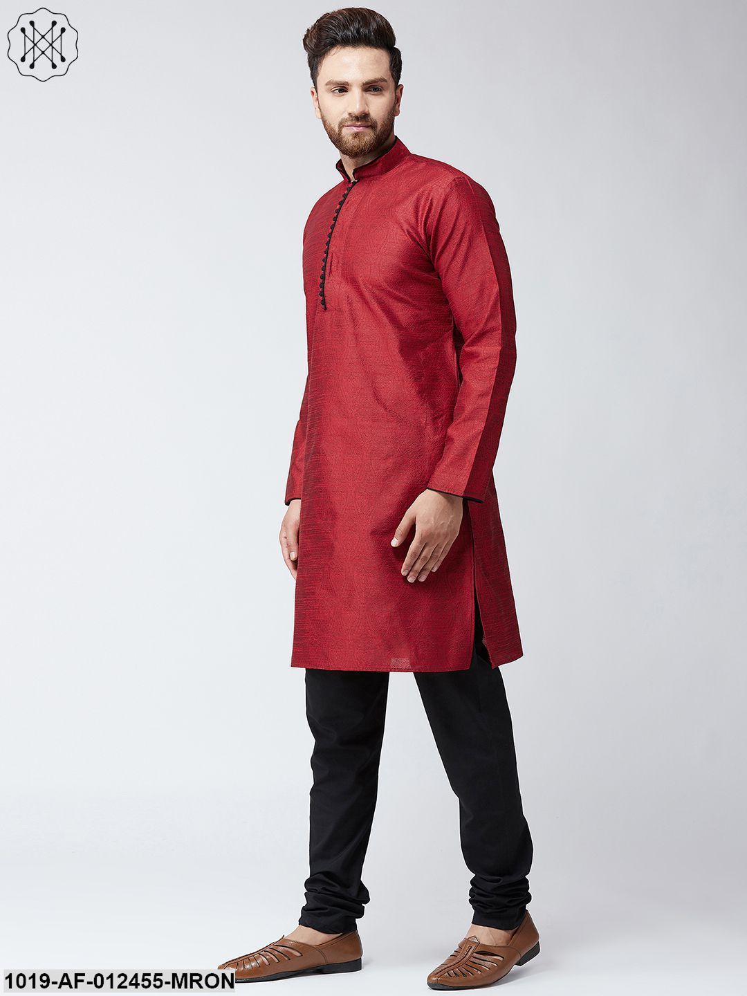 Men's Silk Maroon Kurta And Black Pyjama Set