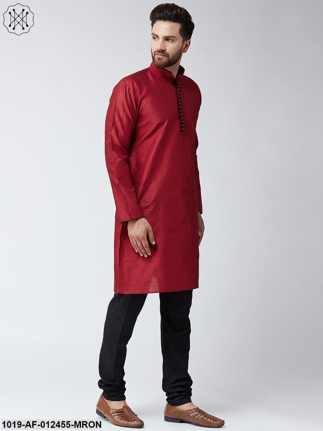 Men's Silk Maroon Kurta And Black Pyjama Set
