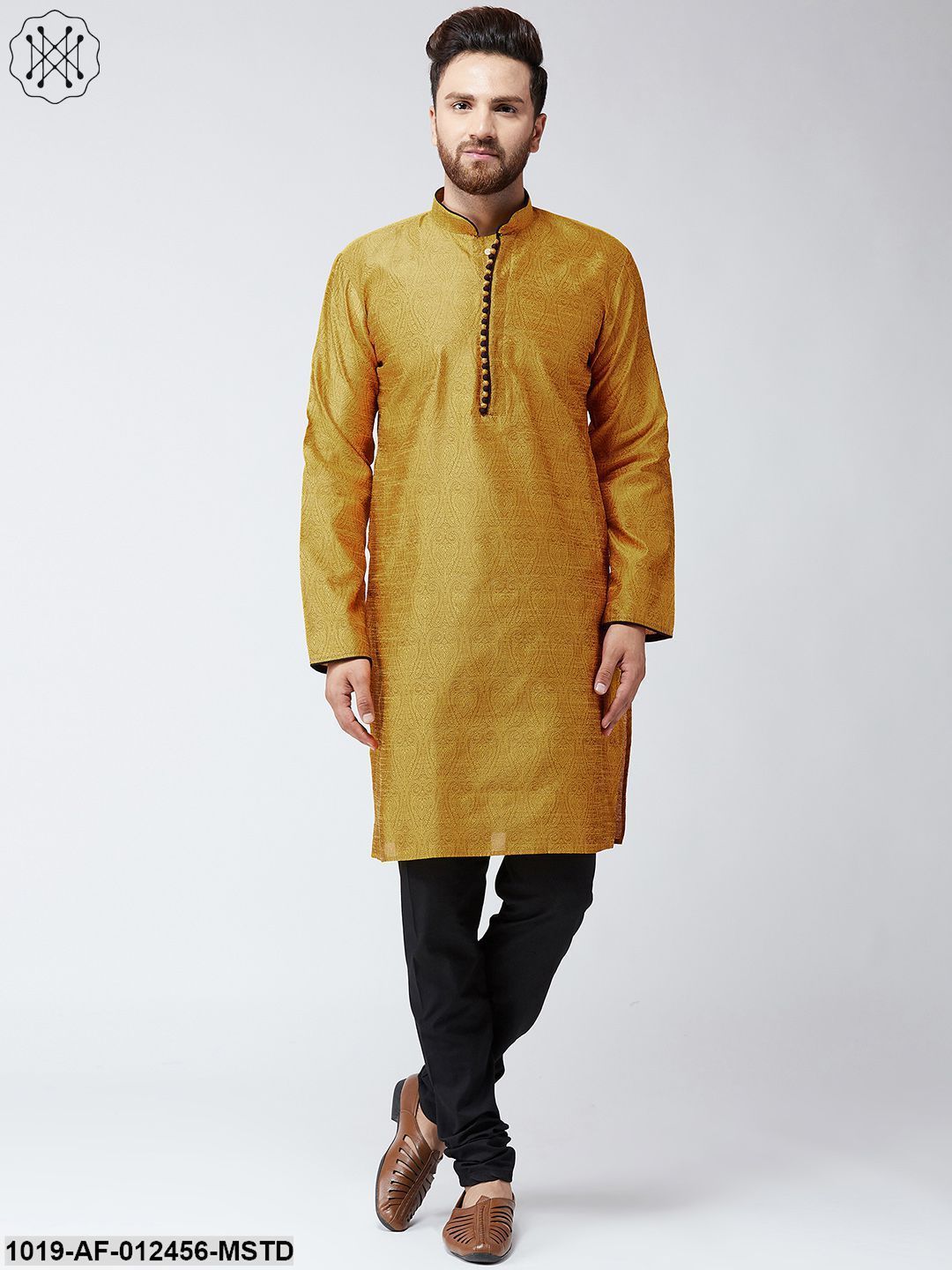 Men's Silk Mustard Kurta And Black Pyjama Set
