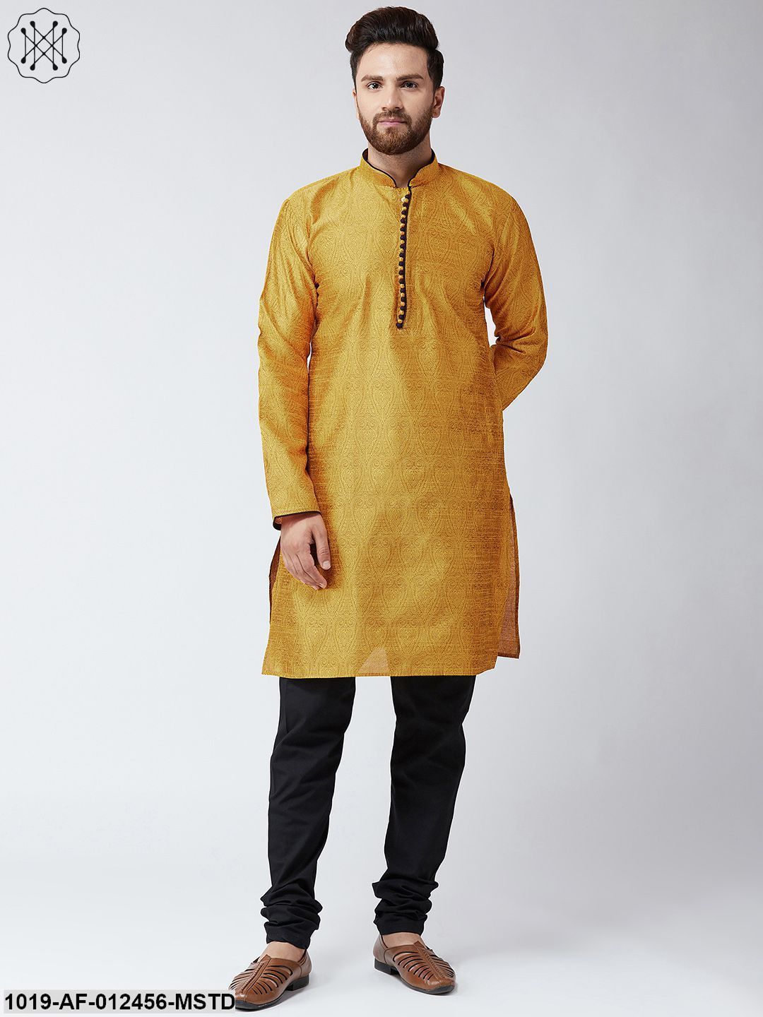Men's Silk Mustard Kurta And Black Pyjama Set