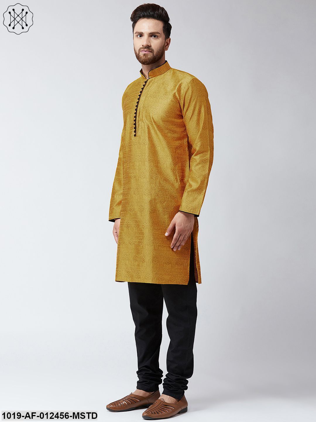 Men's Silk Mustard Kurta And Black Pyjama Set