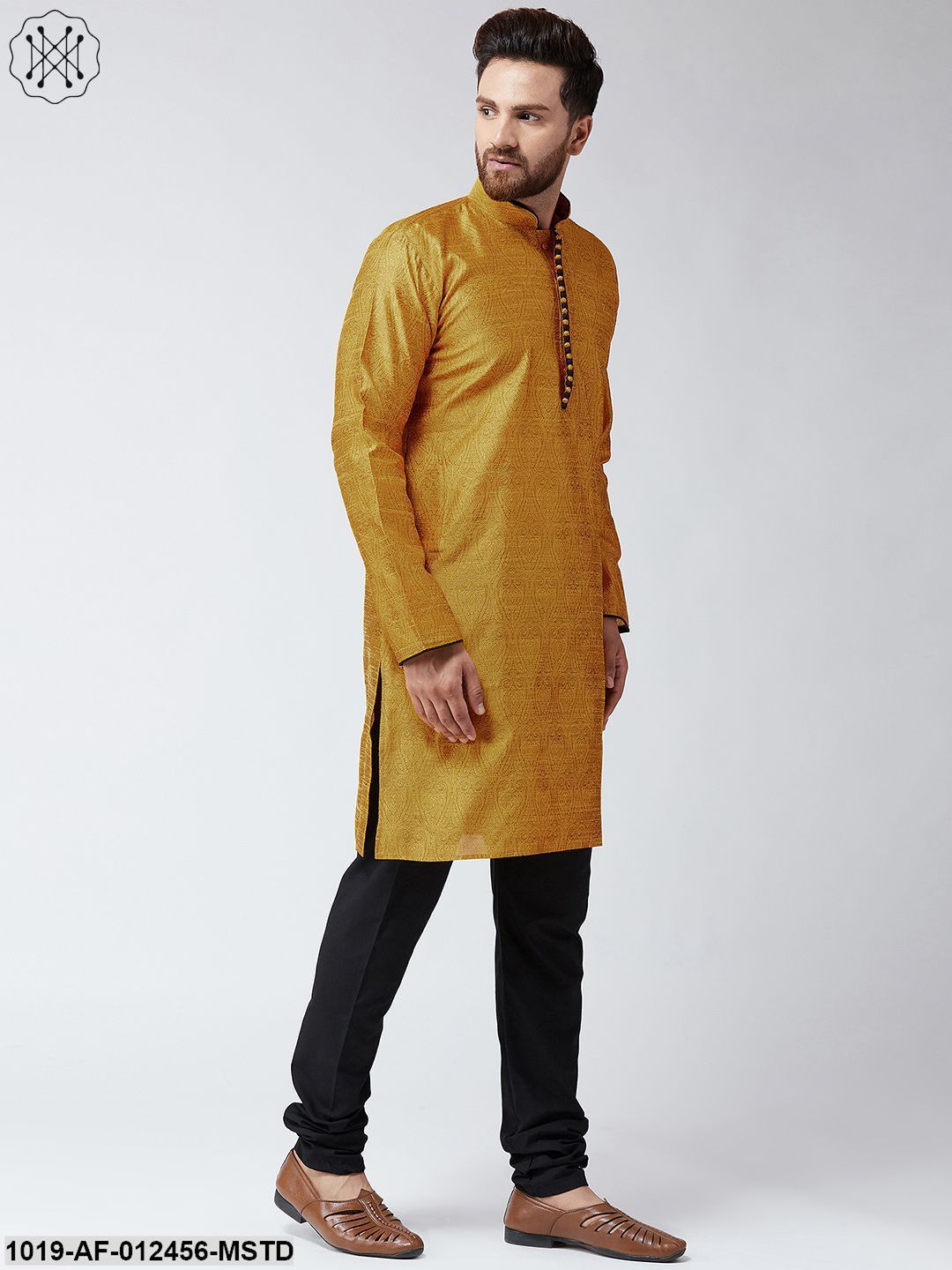 Men's Silk Mustard Kurta And Black Pyjama Set