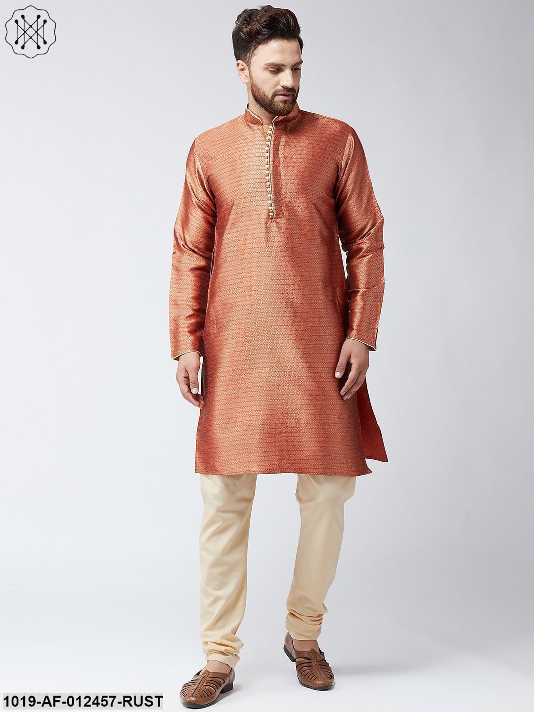Men's Silk Orange Kurta And Black Pyjama Set