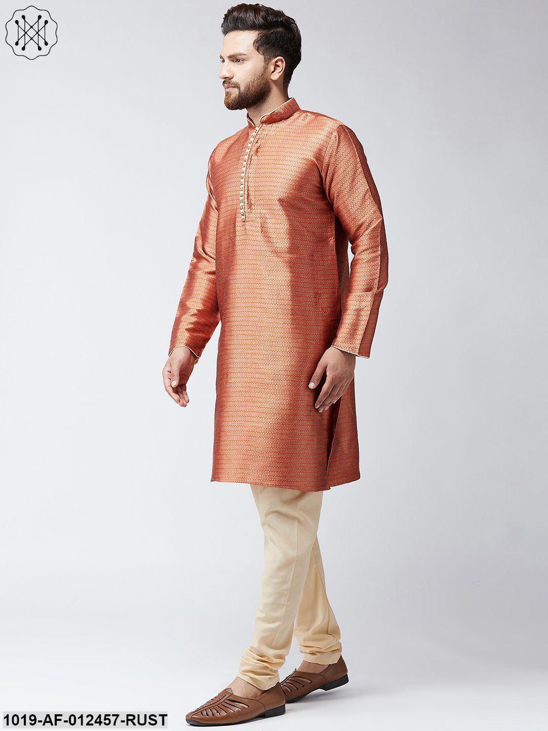 Men's Silk Orange Kurta And Black Pyjama Set