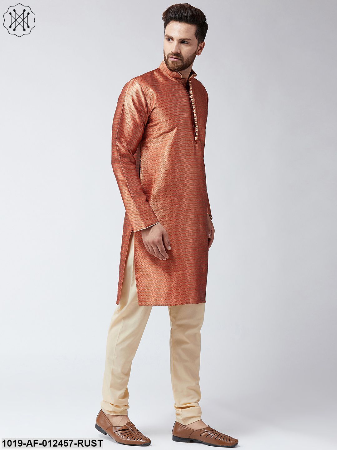 Men's Silk Orange Kurta And Black Pyjama Set