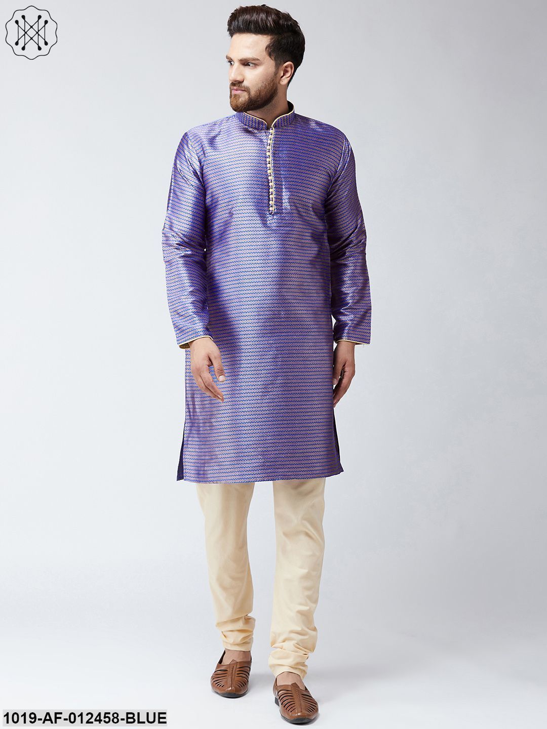 Men's Silk Blue Kurta And Beige Pyjama Set