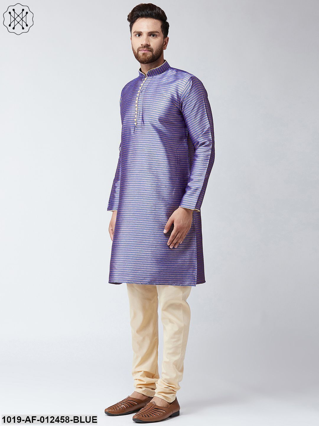 Men's Silk Blue Kurta And Beige Pyjama Set