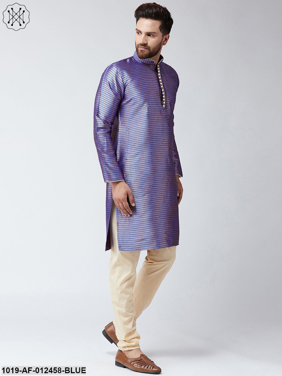 Men's Silk Blue Kurta And Beige Pyjama Set
