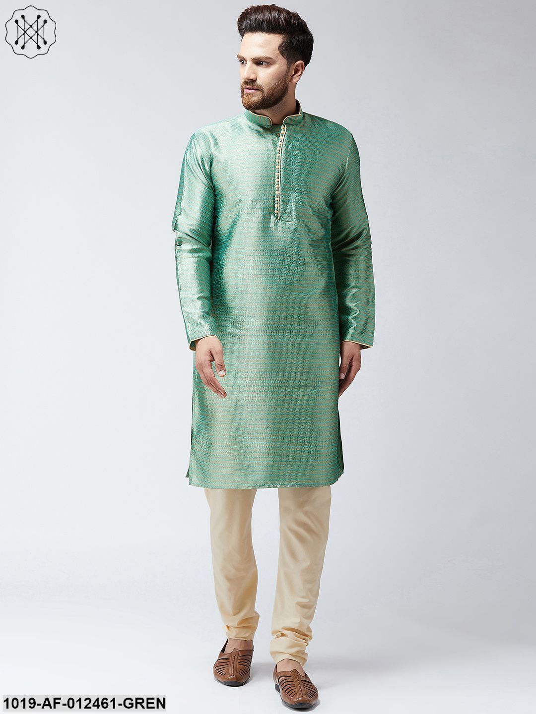 Men's Silk Sea Green Kurta And Beige Pyjama Set