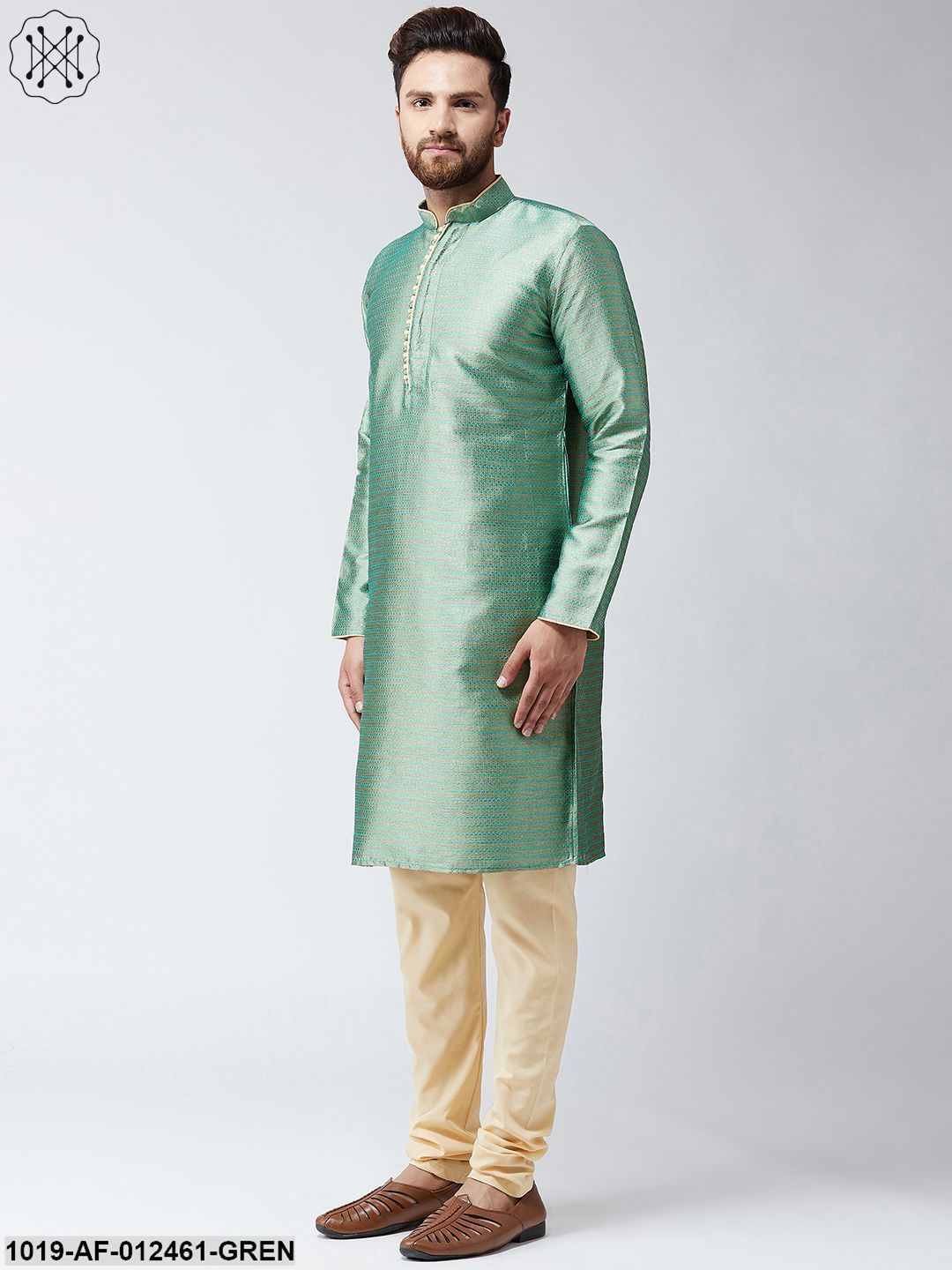 Men's Silk Sea Green Kurta And Beige Pyjama Set