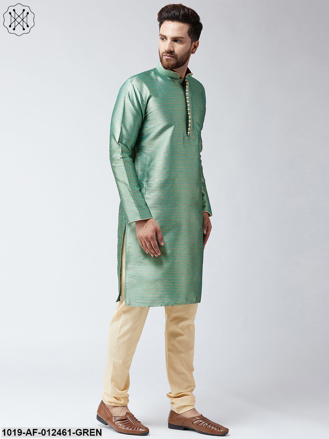 Men's Silk Sea Green Kurta And Beige Pyjama Set