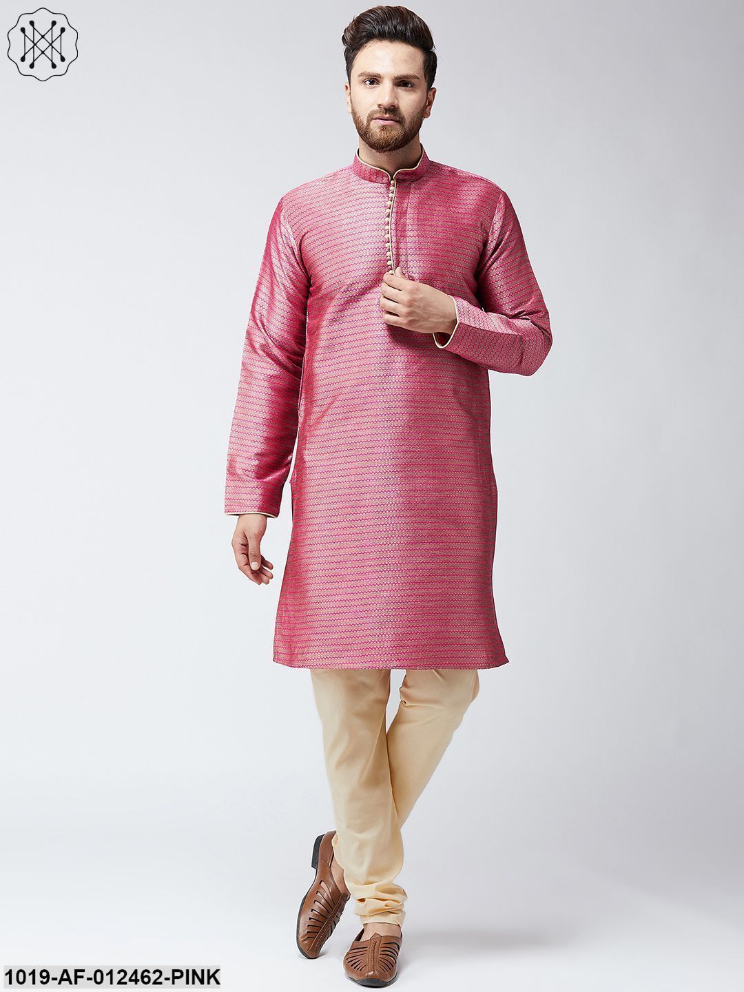 Men's Silk Pink Kurta And Beige Pyjama Set