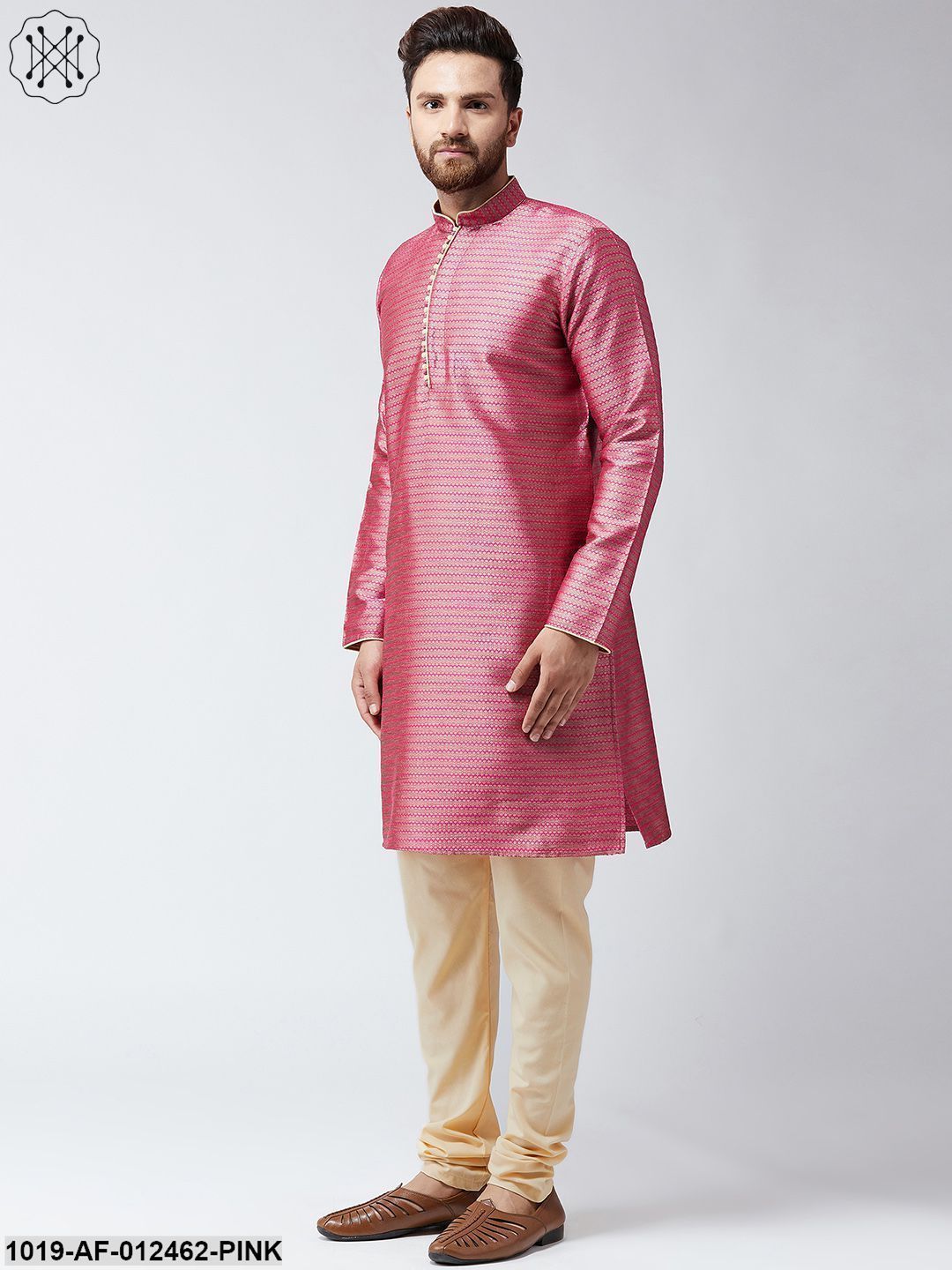 Men's Silk Pink Kurta And Beige Pyjama Set
