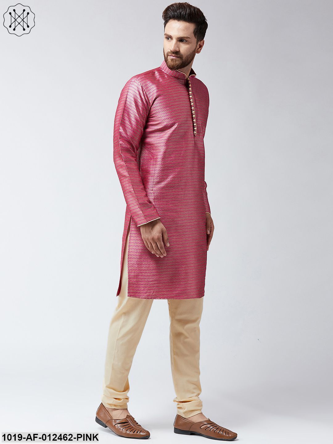 Men's Silk Pink Kurta And Beige Pyjama Set