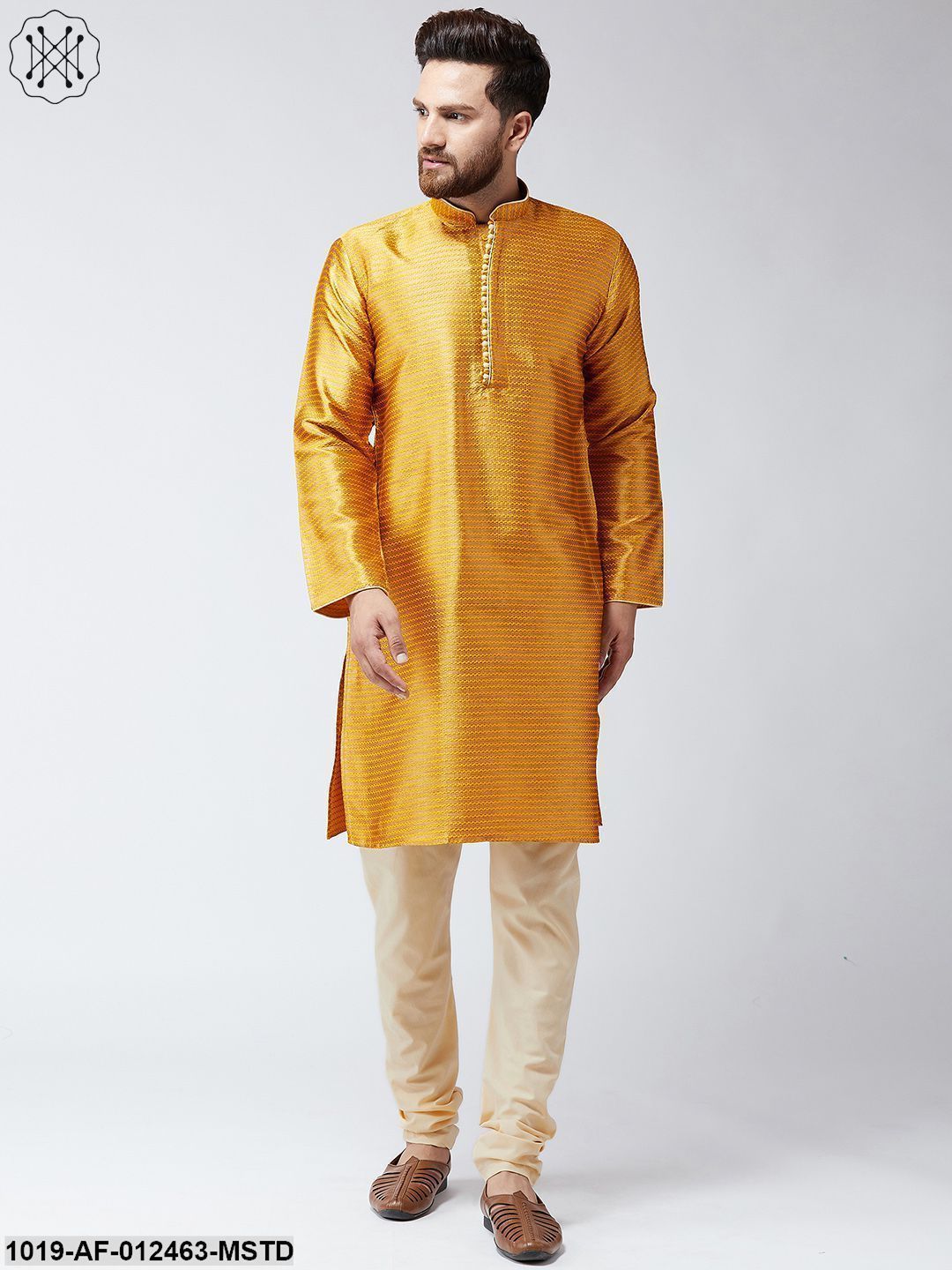 Men's Silk Mustard Kurta And Beige Pyjama Set