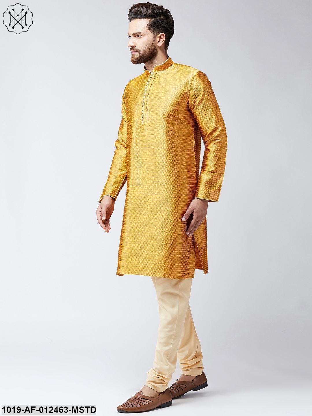 Men's Silk Mustard Kurta And Beige Pyjama Set