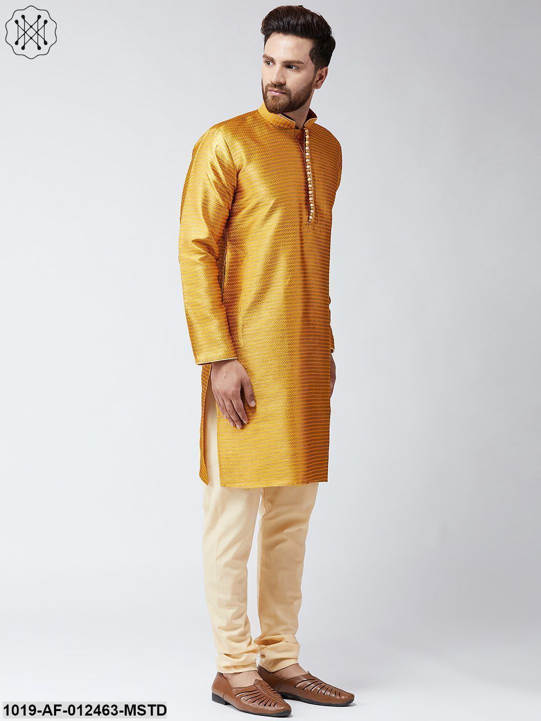 Men's Silk Mustard Kurta And Beige Pyjama Set