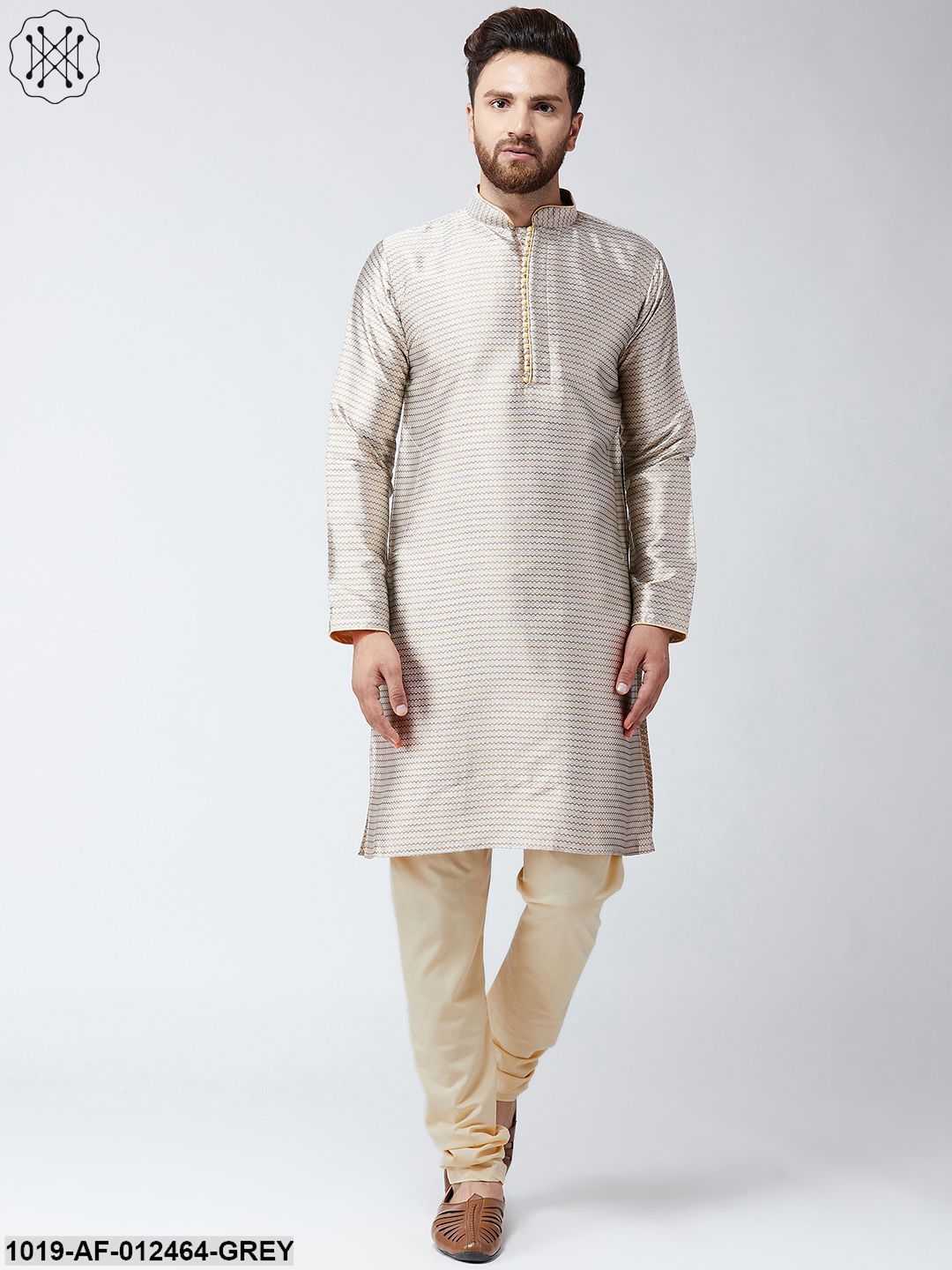 Men's Silk Grey Kurta And Beige Pyjama Set