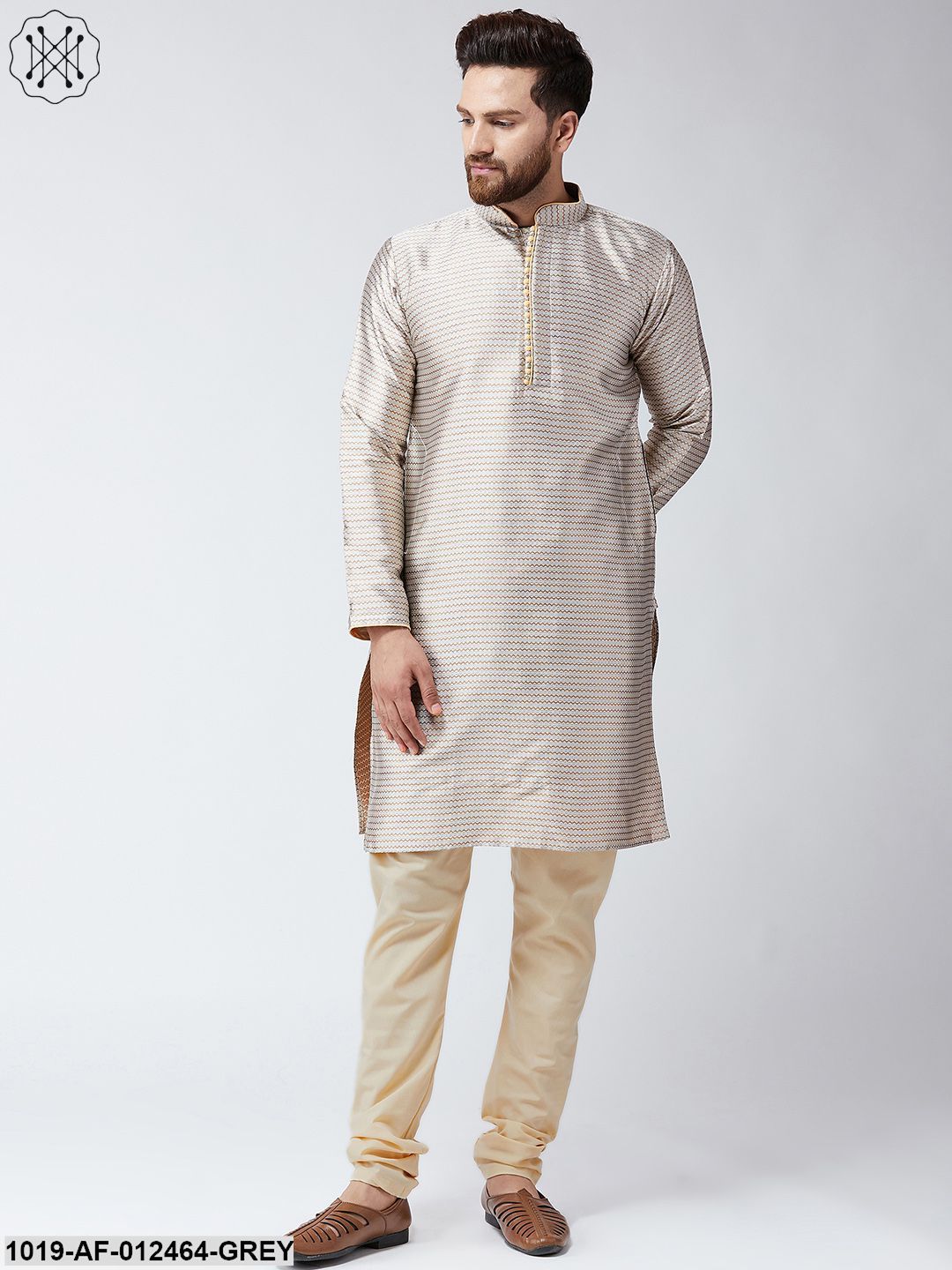 Men's Silk Grey Kurta And Beige Pyjama Set