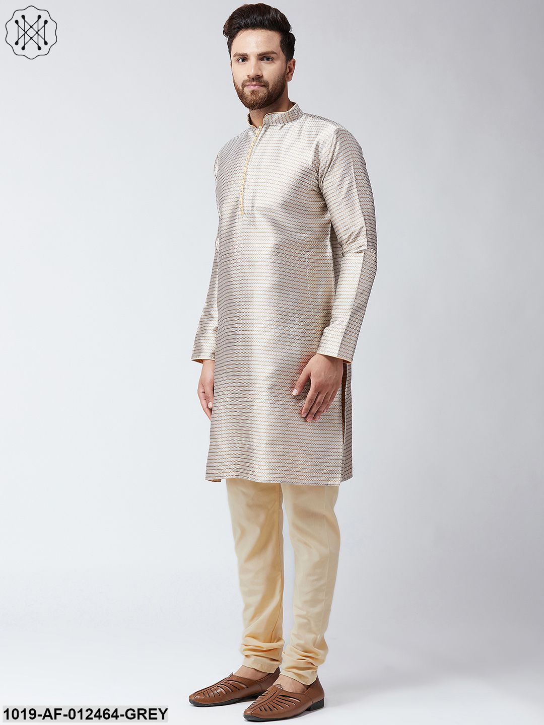 Men's Silk Grey Kurta And Beige Pyjama Set