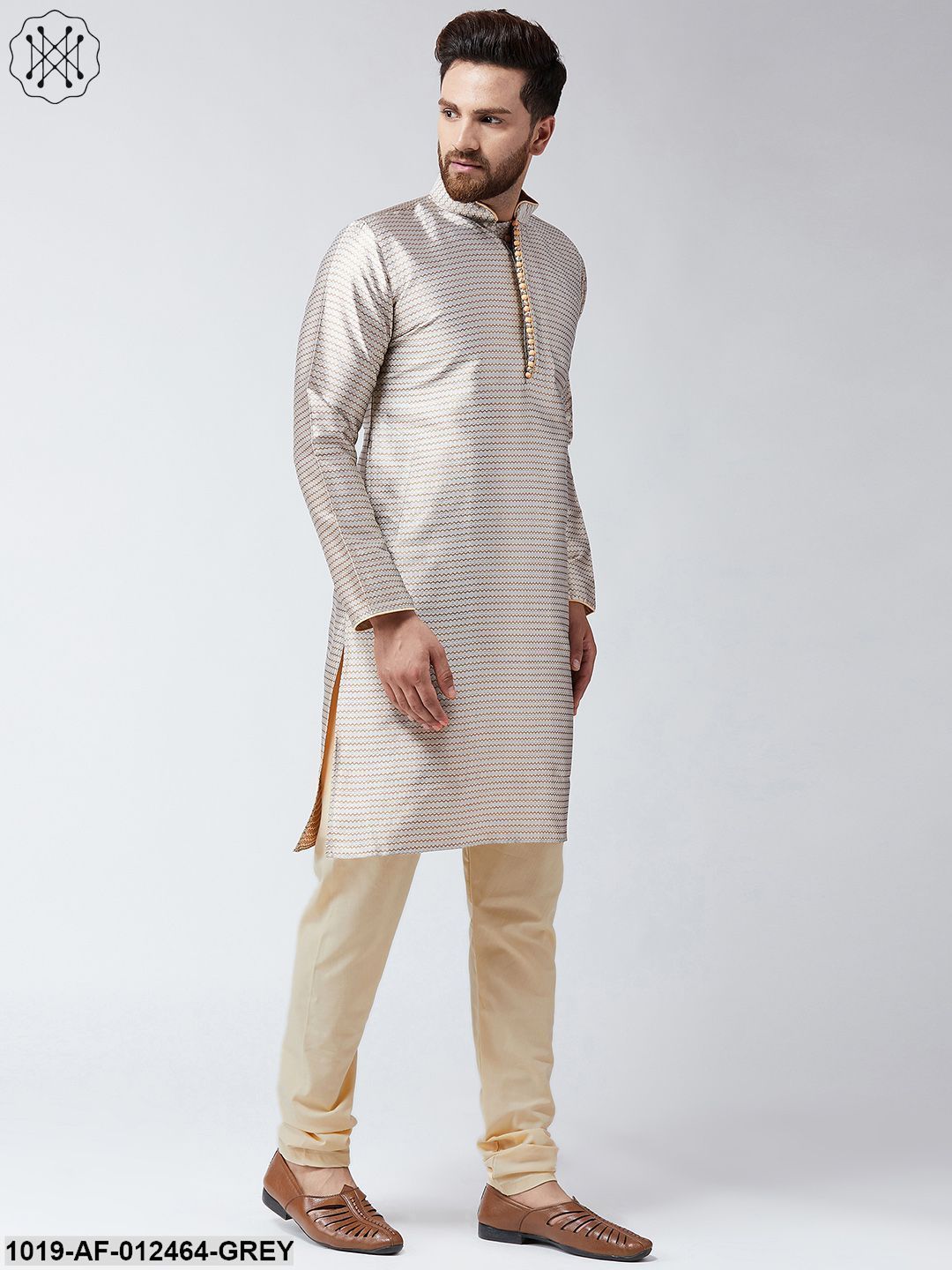 Men's Silk Grey Kurta And Beige Pyjama Set