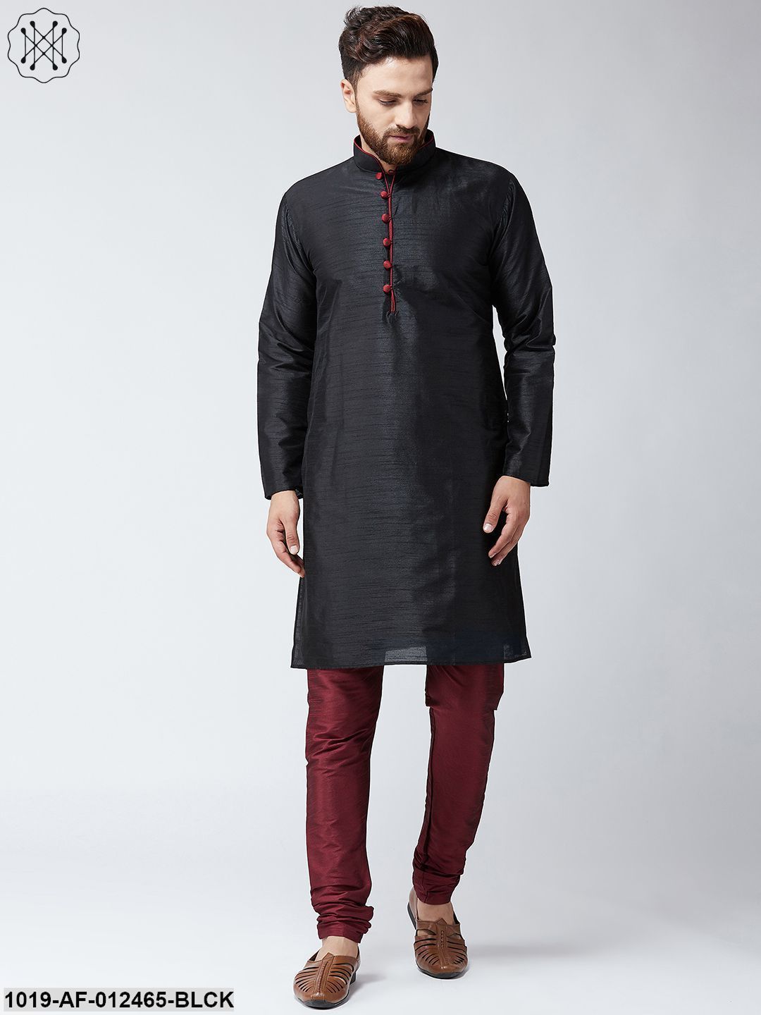 Men's Silk Black Kurta And Maroon Pyjama Set