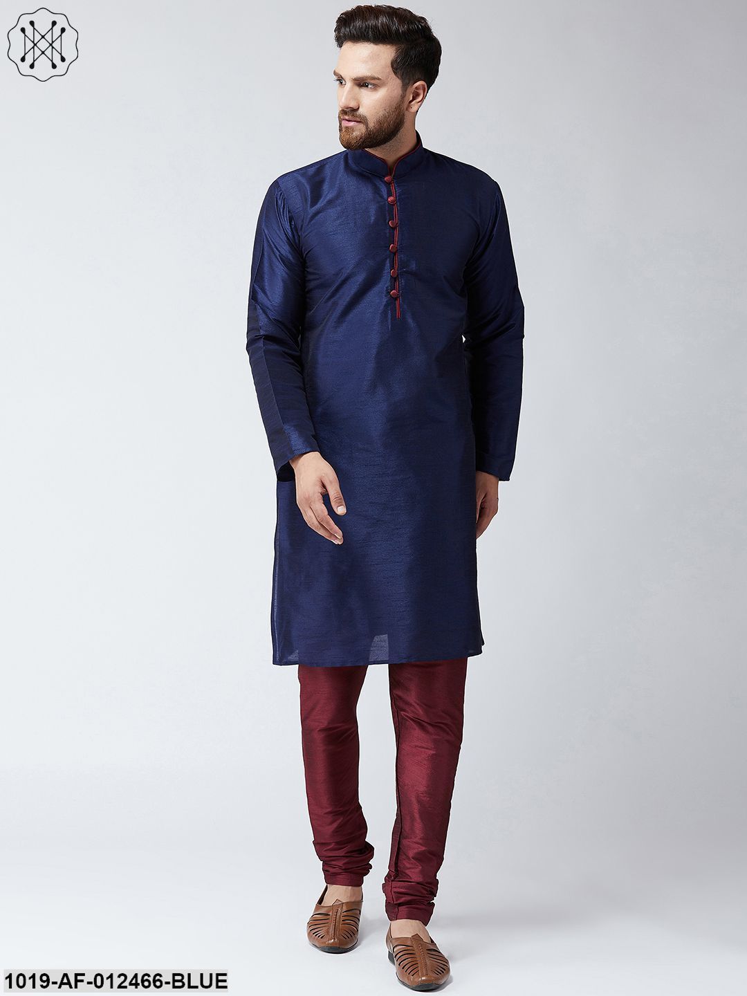 Men's Silk Navy Blue Kurta And Maroon Pyjama Set