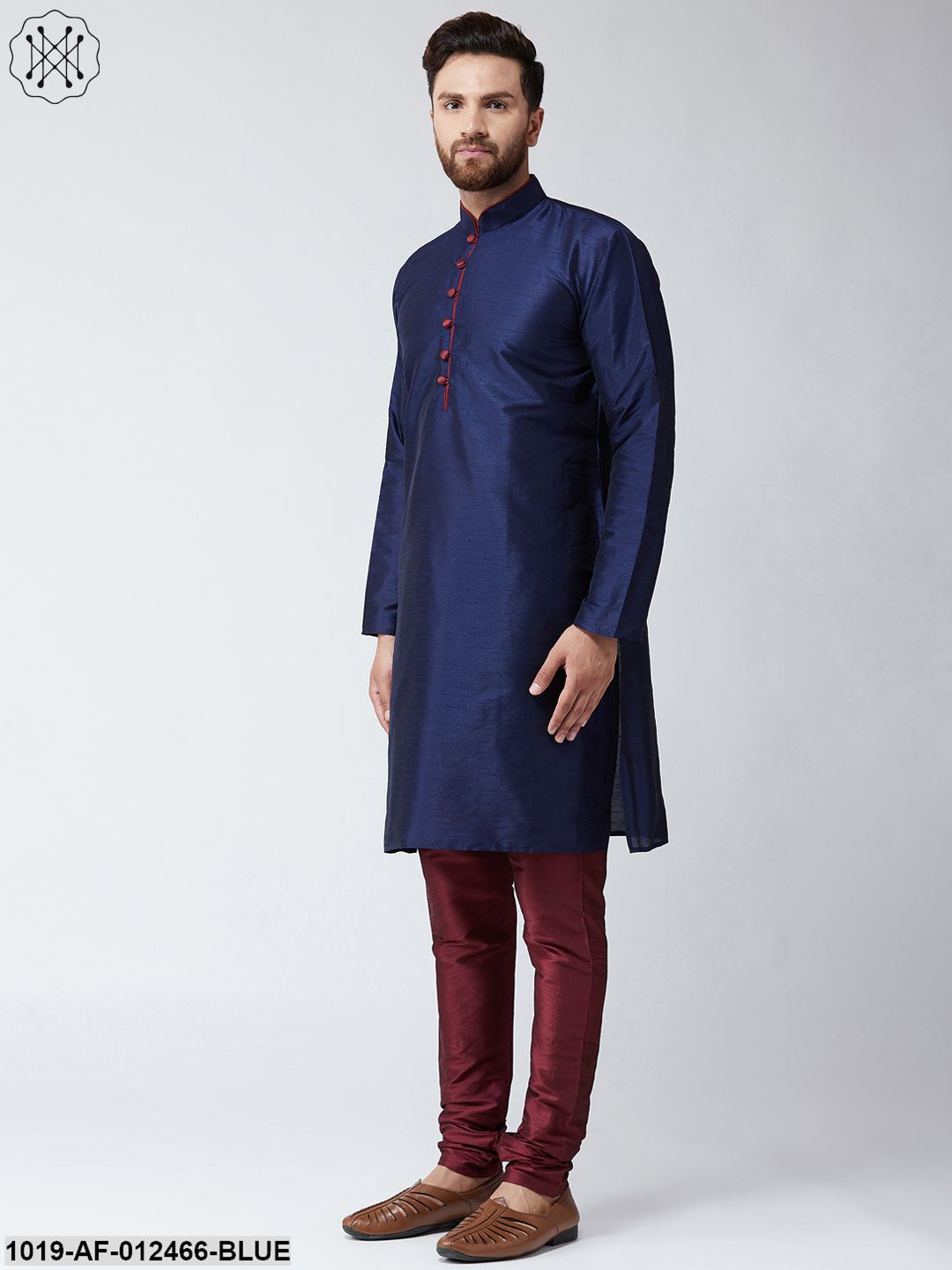 Men's Silk Navy Blue Kurta And Maroon Pyjama Set