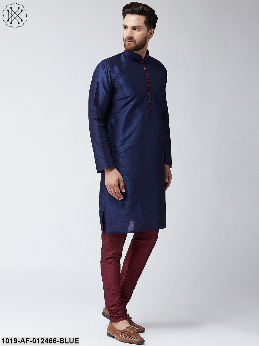 Men's Silk Navy Blue Kurta And Maroon Pyjama Set