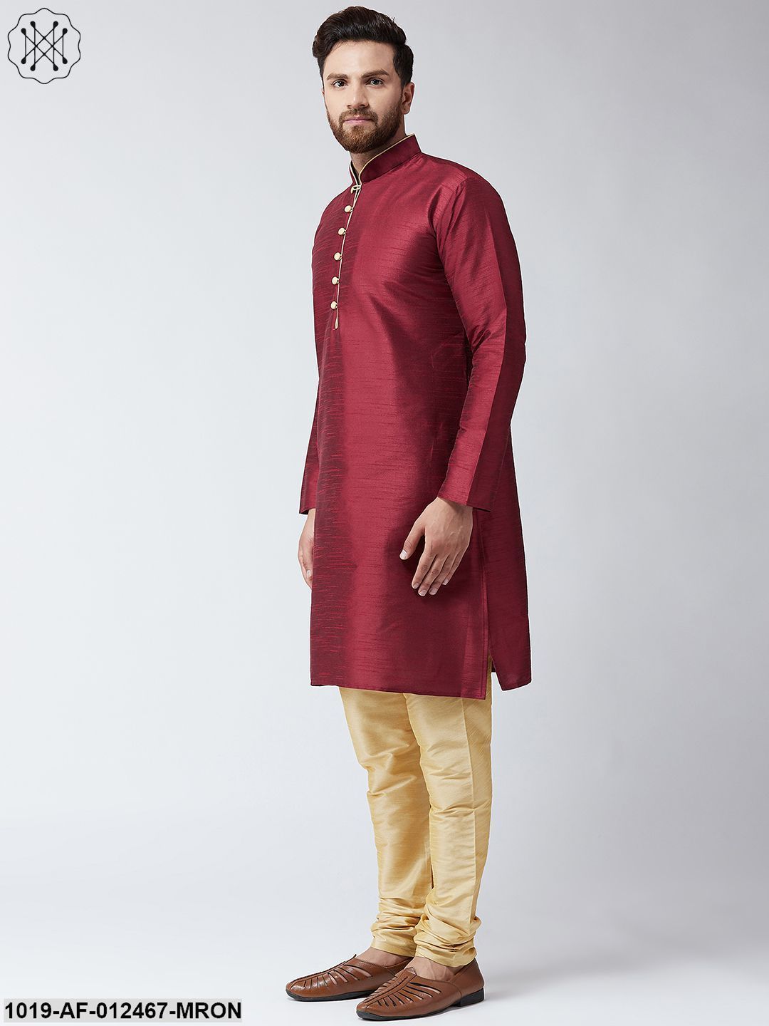 Men's Silk Maroon Kurta And Gold Pyjama Set