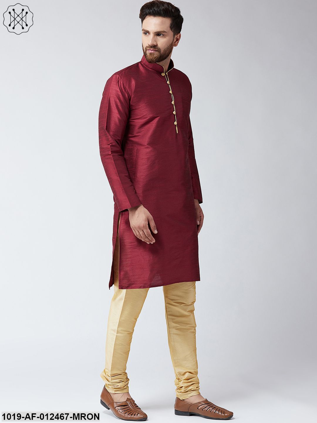 Men's Silk Maroon Kurta And Gold Pyjama Set