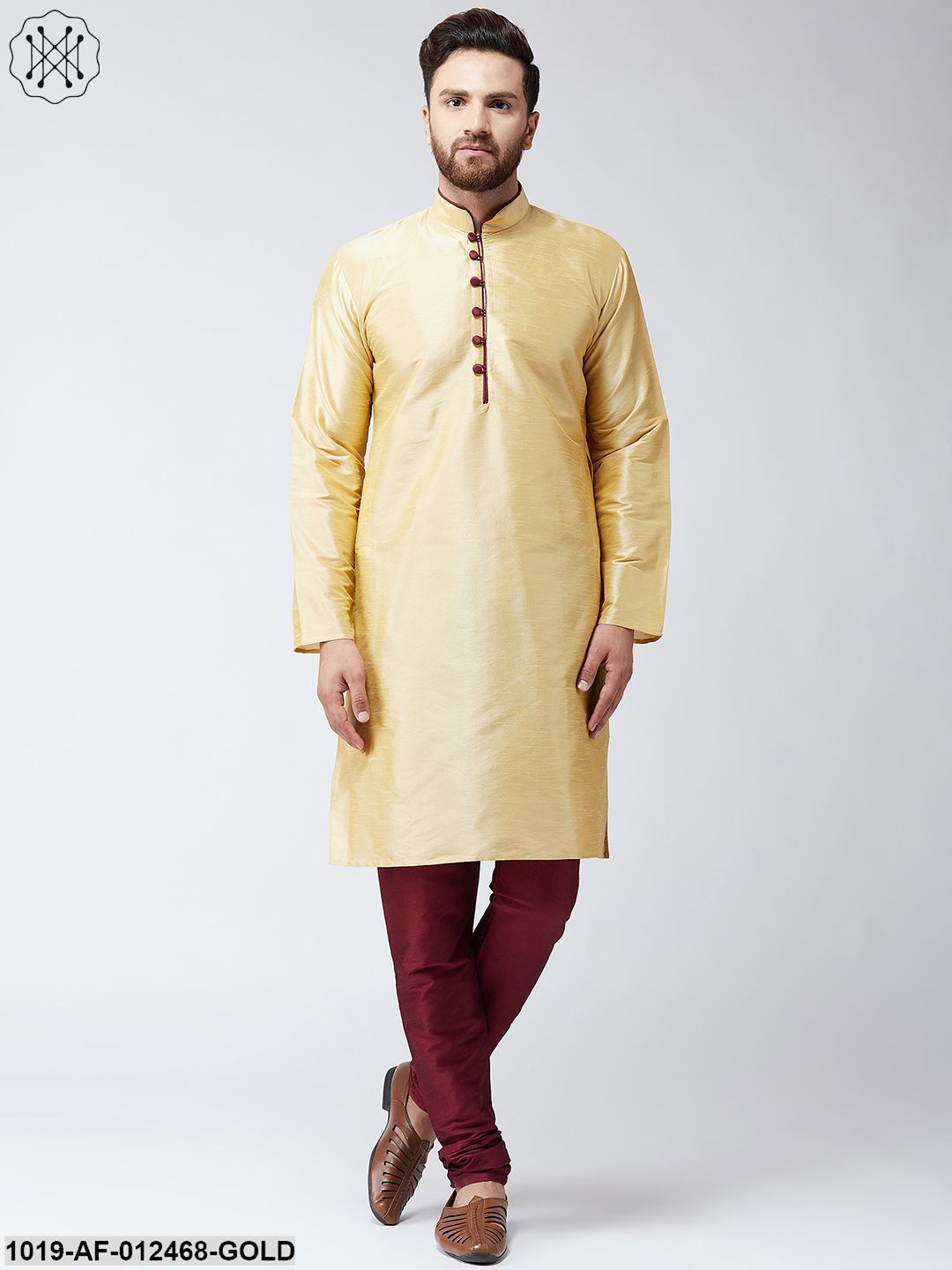 Men's Silk Gold Kurta And Maroon Pyjama Set