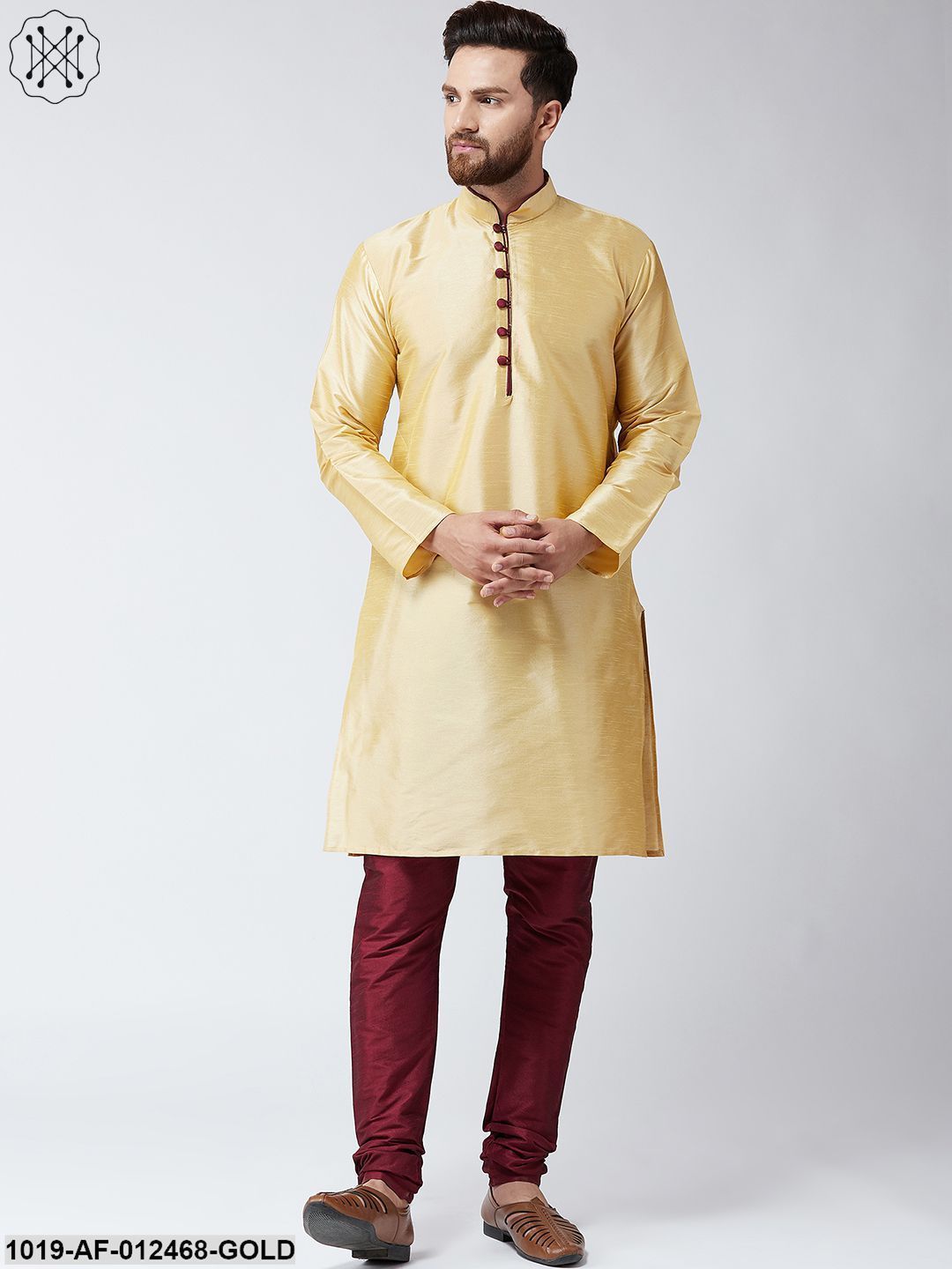 Men's Silk Gold Kurta And Maroon Pyjama Set