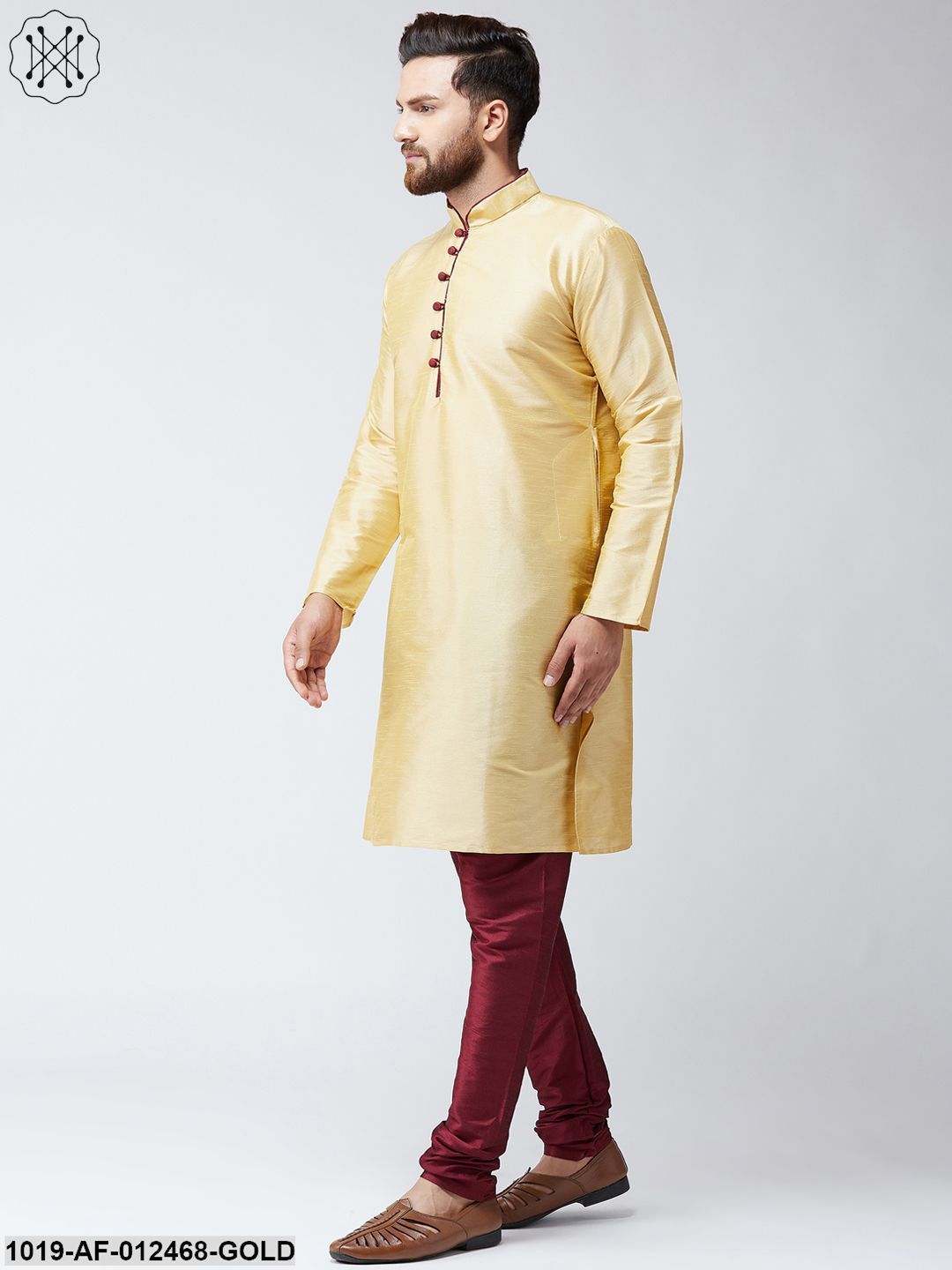 Men's Silk Gold Kurta And Maroon Pyjama Set