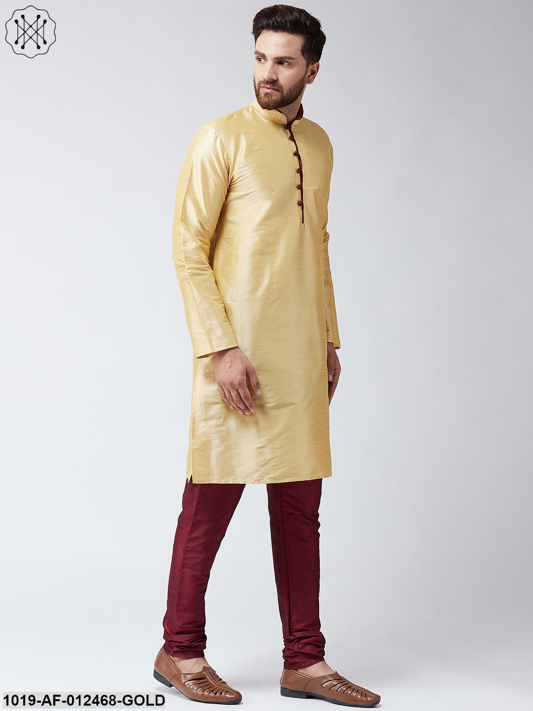 Men's Silk Gold Kurta And Maroon Pyjama Set