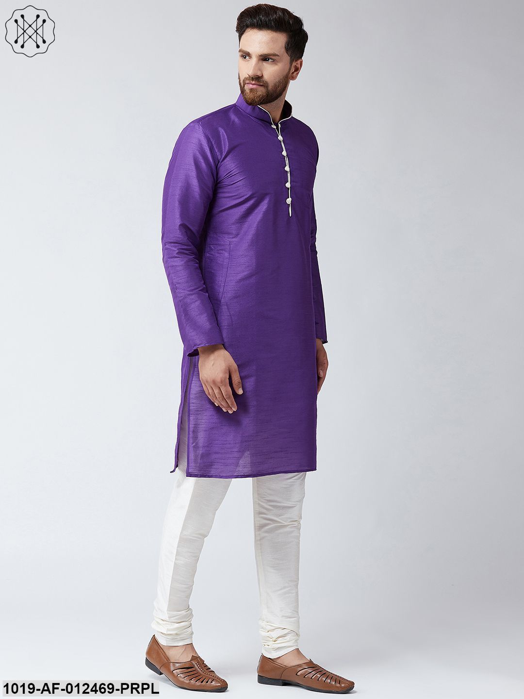 Men's Silk Purple Kurta And Off White Pyjama Set
